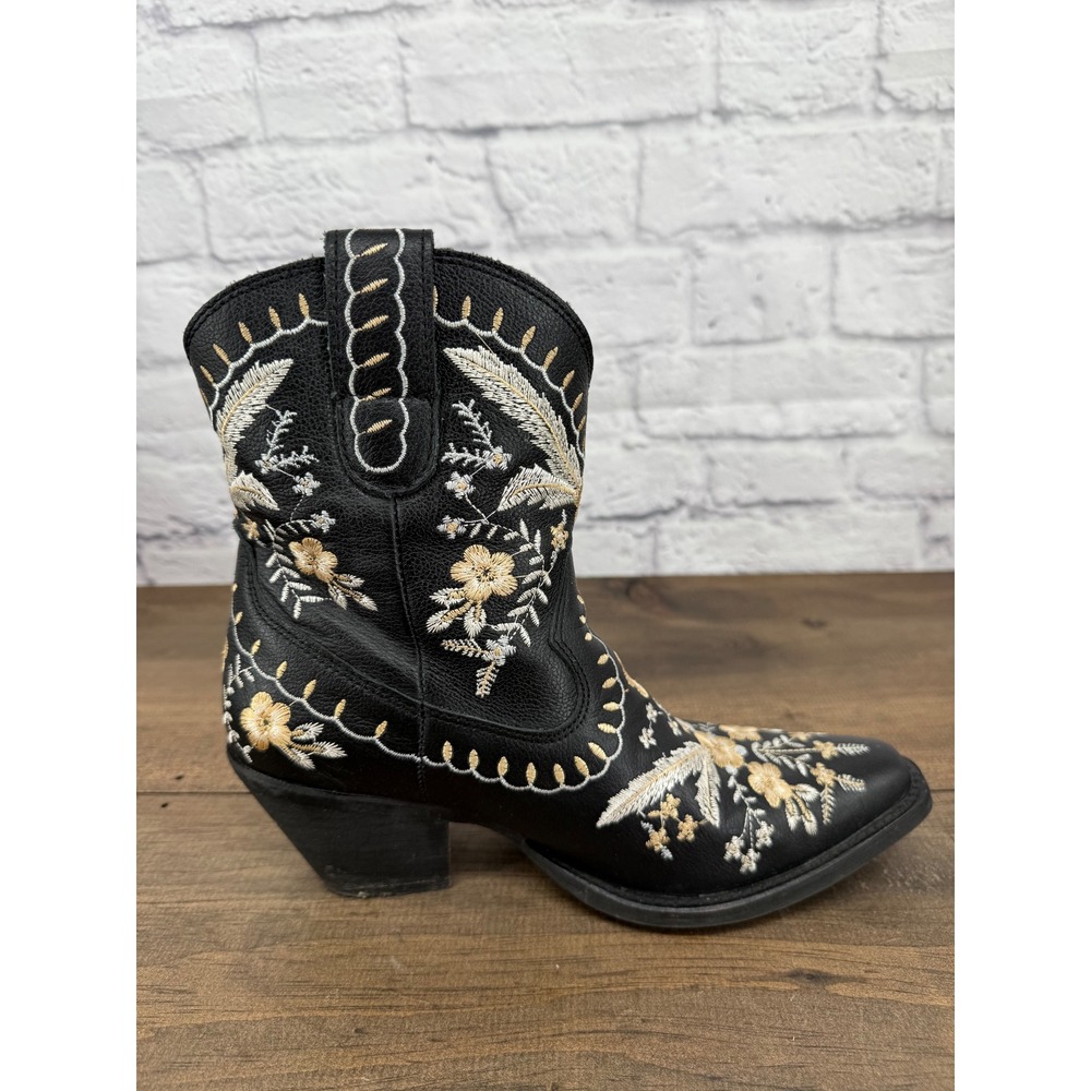 Dingo Primrose Women's 7 Black Leather Floral Embroidered Western Booties - Picture 10 of 13